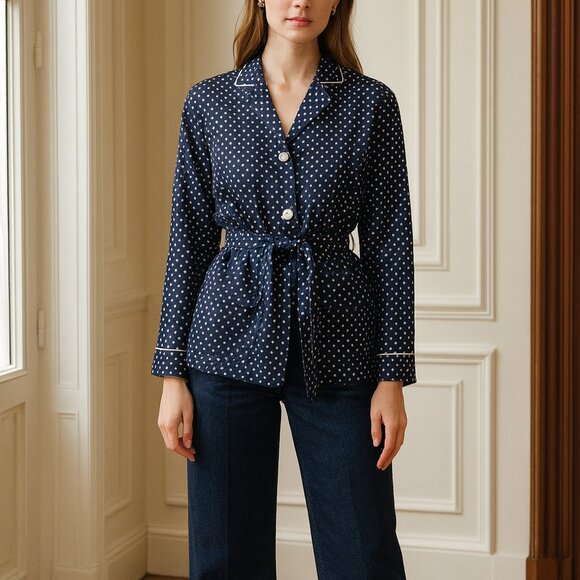 Raquel Allegra Relaxed Blazer in Navy Polka Dot - Picture 2 of 9
